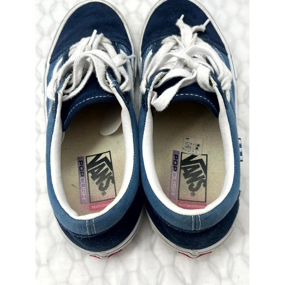 Vans Old Skool Men 9 Sneaker Navy Blue White Low Top Lace Up Skateboarding Shoes